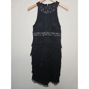 Jessica Howard Evening Dress 10 Black Tiered Beaded Rhinestone Crinkle Cocktail